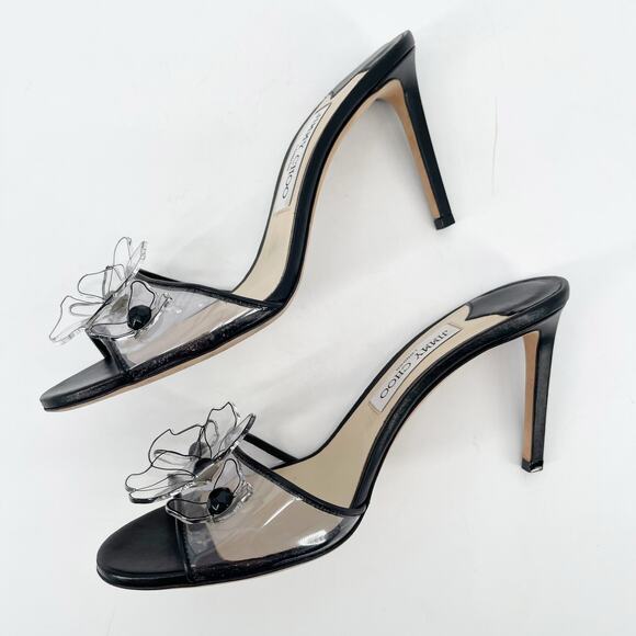 Jimmy Choo Black Saskia 85 Embellished Floral PVC Slip-On Sandal Heels IT 39.5 - Picture 4 of 11